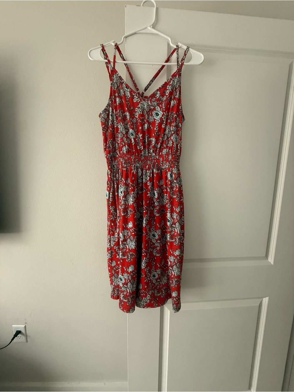 Floral V-Neck Red Midi Dress with Smocked Waist